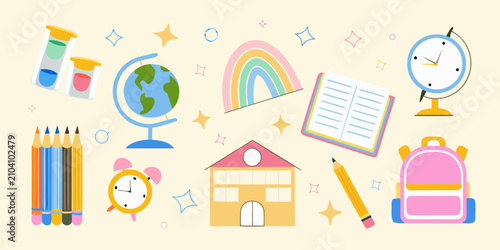 Foto School supplies and education elements colorful vector illustration