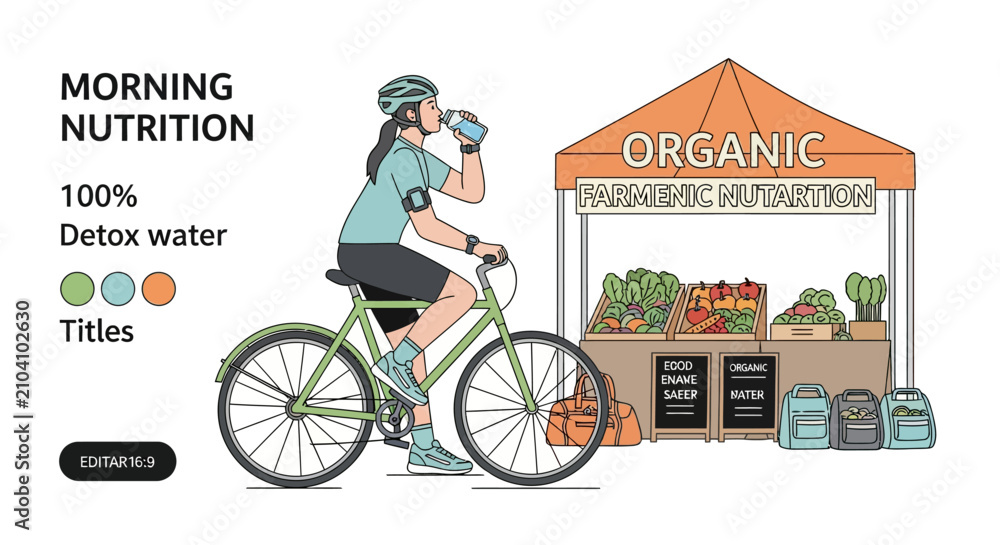 Fototapeta premium Woman cyclist drinking detox water at organic market stall.