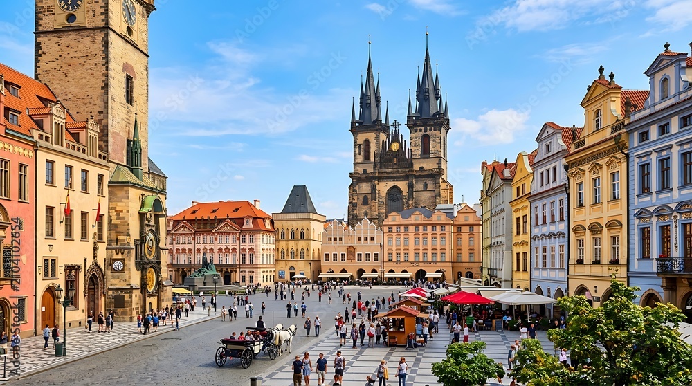 Obraz premium Historic Old Town Square Featuring Iconic Gothic Architecture and Lively Tourist Atmosphere in a European Capital City Landmark