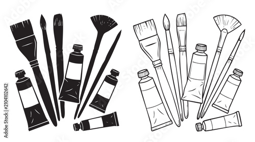 paintbrushes and tubes silhouette with line art vector icon silhouette witn line art silhouette witn line art vector icon