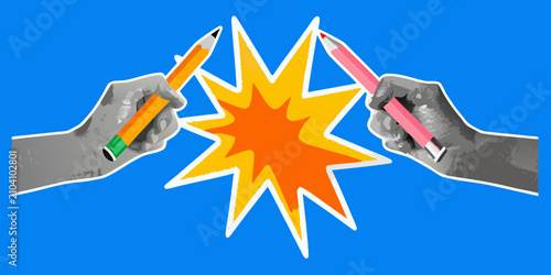 Photos Hands holding pencils colliding with starburst vector illustration