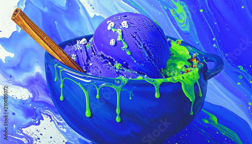 Purple ice cream in blue bowl with green drip, abstract splash background