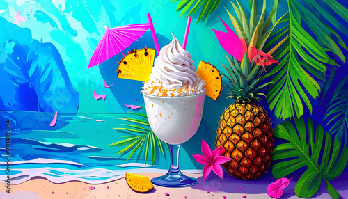 Tropical beach dessert pineapple milkshake cream umbrella palm leaf ocean colorful summer cocktail