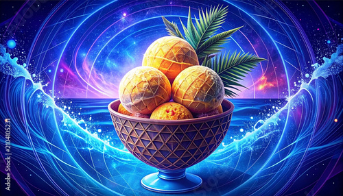 Tropical fruit bowl with glowing sphere and palm leaf in vibrant blue ocean scene