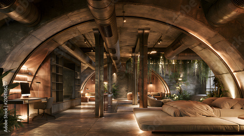 Underground bunker interior with arched concrete vaults