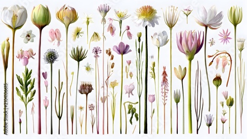 Colorful Wildflower Stems Arrangement on White Background