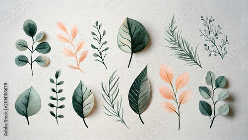 Delicate Botanical Leaves Set in Soft Pastel Colors on Textured Paper