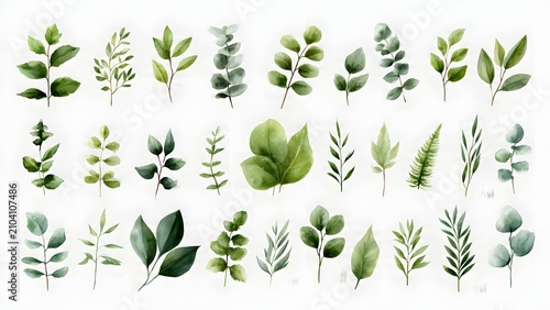Fresh Green Leaves Watercolor Collection Displayed in Rows