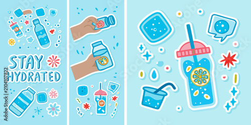 Canvas Print Water bottles glasses and ice cubes vector illustration with blue background