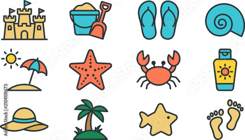 Photos Summer Beach Icon Set Featuring Sandcastle Flip flops And Seashell On Transparen