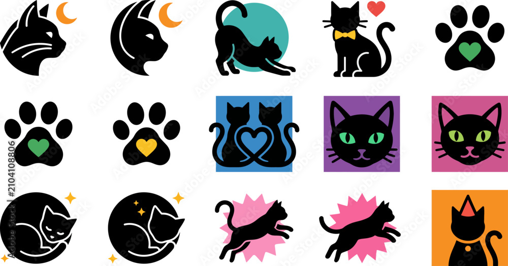 Obraz premium Collection Of Black Cat Silhouettes And Paw Prints On Transparent Background feline cats