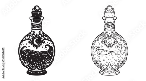 Obraz na plátně potion bottle silhouette with line art vector icon, magical wizard elixir design
