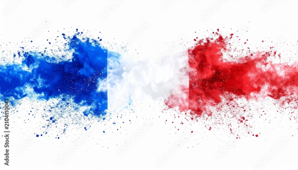 Fototapeta premium Vibrant French tricolor powder burst on a white background, representing the country'