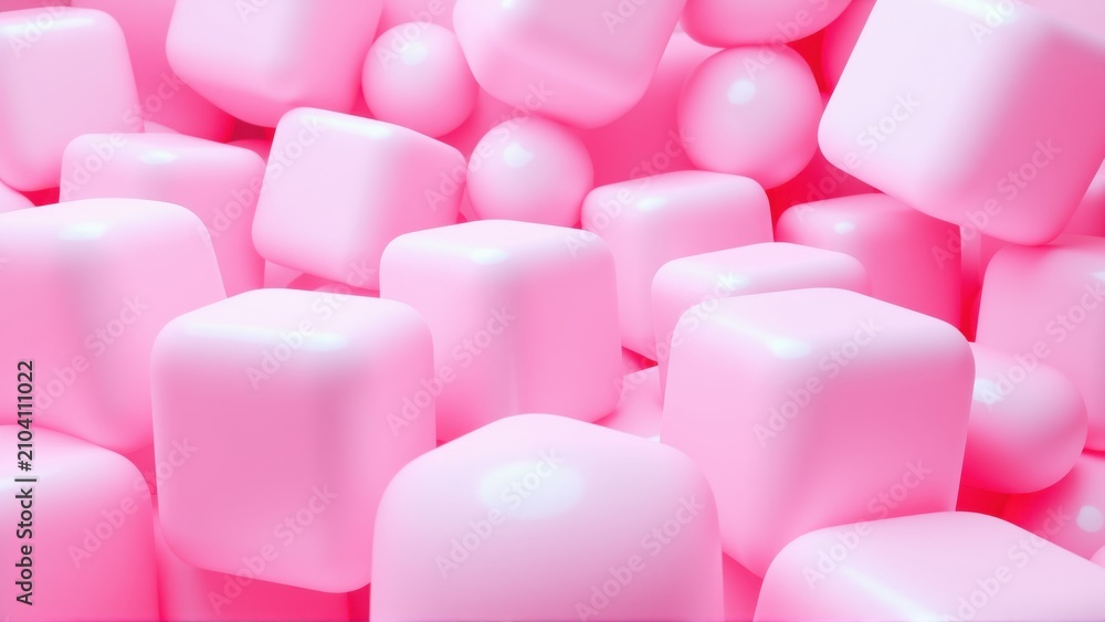 Fototapeta premium Pink cubes, spheres fill frame. Soft lighting creates glossy texture, minimalist composition. Background is black.