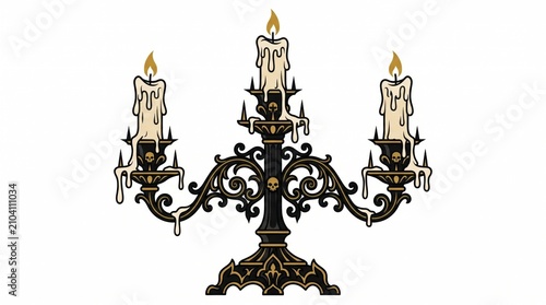 Ornate Candelabra with Dripping Candles and Skull Embellishments
