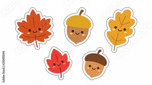 Cute Kawaii Autumn Leaves and Acorn Sticker Vector Set