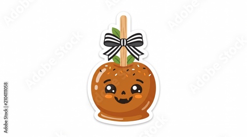 Cute Caramel Apple Sticker with Black and White Ribbon Bow