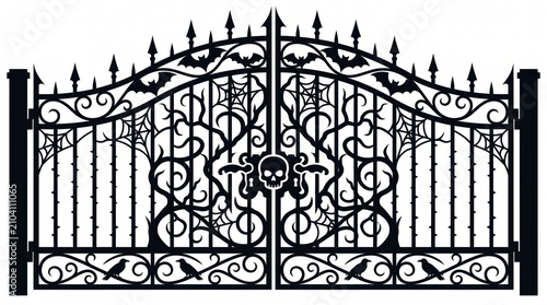 Ornate Black Gothic Gate Silhouette with Skull and Spiderwebs
