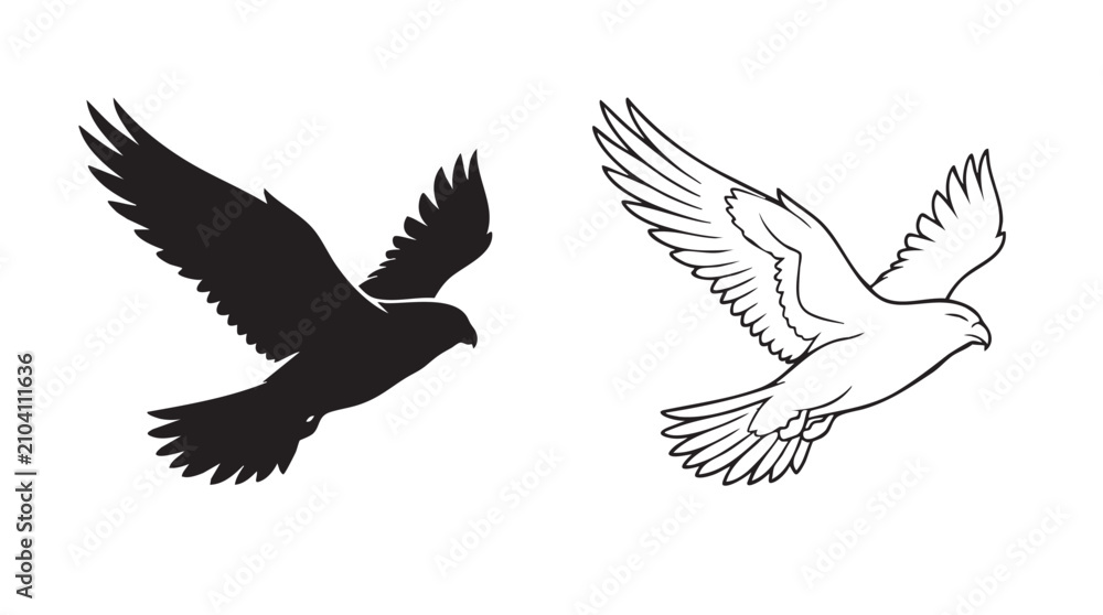Fototapeta premium silhouette with line art vector icon of bird in flight, scratched metal texture concept
