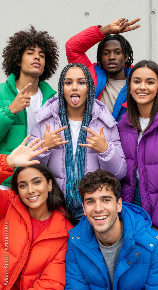 Fototapeta premium Group portrait of diverse young adults in colorful puffer jackets, conveying youthful energy and camaraderie, showcasing casual fashion and friendship.