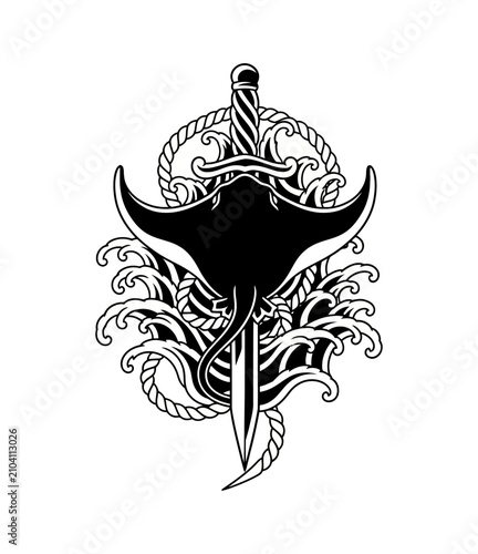 Tableau sur toile Dynamic marine emblem depicting a powerful manta ray intertwined with a formidab