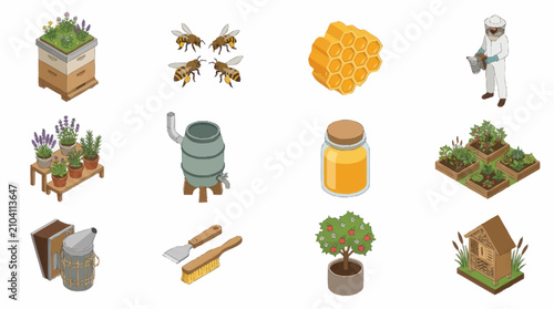 Photos Colorful Isometric Beekeeping and Gardening Illustration Set.