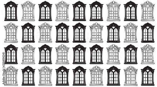 Bild auf Leinwand window frames silhouette with line art vector icon collection