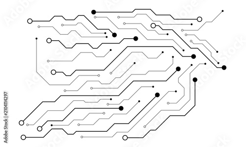Foto Detailed black circuit board schematic with interconnected lines and circular no