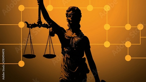 Silhouette of Lady Justice holding scales against digital network grid with warm orange hues