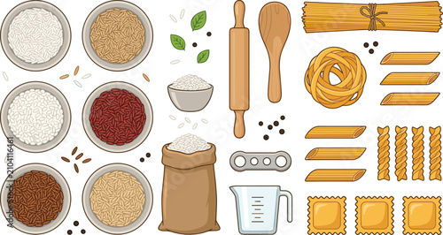Bild auf Leinwand Rice and Pasta Ingredients Collection with Grain Varieties Flour Homemade Noodle