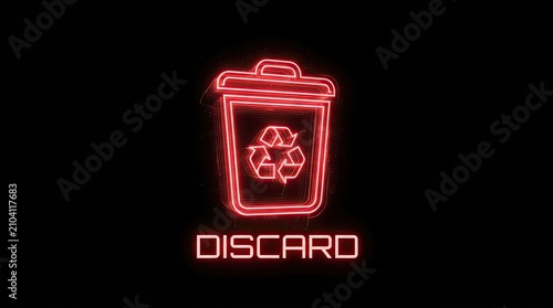 Futuristic red neon discard sign with a glowing trash can and recycle symbol icon.