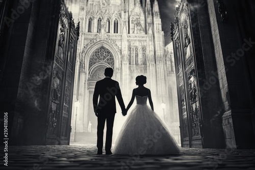 Bride and groom silhouette in cathedral entrance, black and white wedding scene with gothic architecture