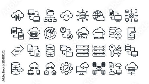 Extensive collection of modern digital data transfer networking and cloud computing technology line icons representing various interconnected systems and processes
