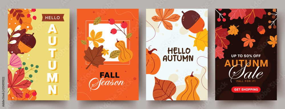 Fototapeta premium Hello autumn greeting poster set design. Fall season template with discount promotion, fall leaves and modern typography for cards, banner, flyer, advertising, web, ads. Vector illustration 