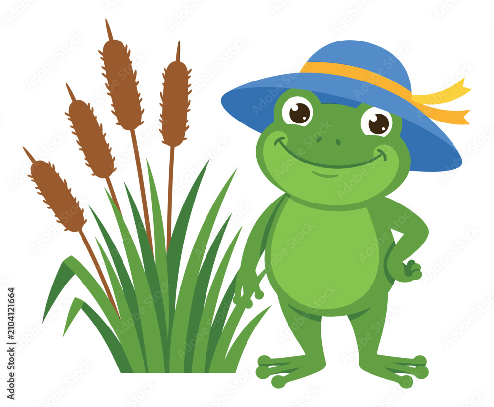 Fototapeta premium Cartoon illustration of a cheerful green frog wearing a blue hat depicting a smiling amphibian standing beside cattail reeds for nature and children design