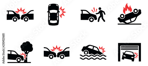 Flat icon set of 8 car accident types featuring collision, rollover, flood and pedestrian scenarios for insurance design