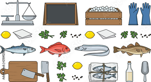 Canvas-taulu Fresh Fish Preparation Collection with Seafood Market Tools, Whole Fish, Salt Bo