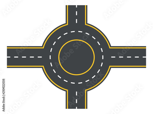 Flat illustration of a roundabout road junction depicting a circular intersection with four exits for traffic and urban planning design