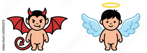 Cartoon illustration set of 2 baby characters depicting devil and angel opposites for good versus evil concept design