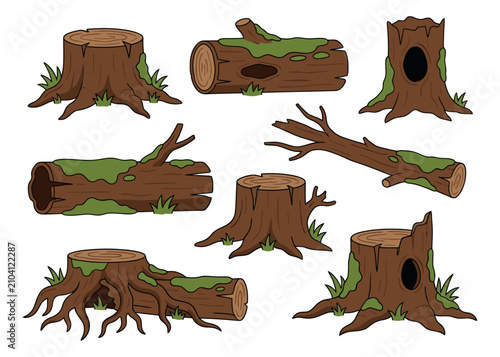 Cartoon icon set of forest wood elements featuring tree stumps, logs and branches with moss for nature design
