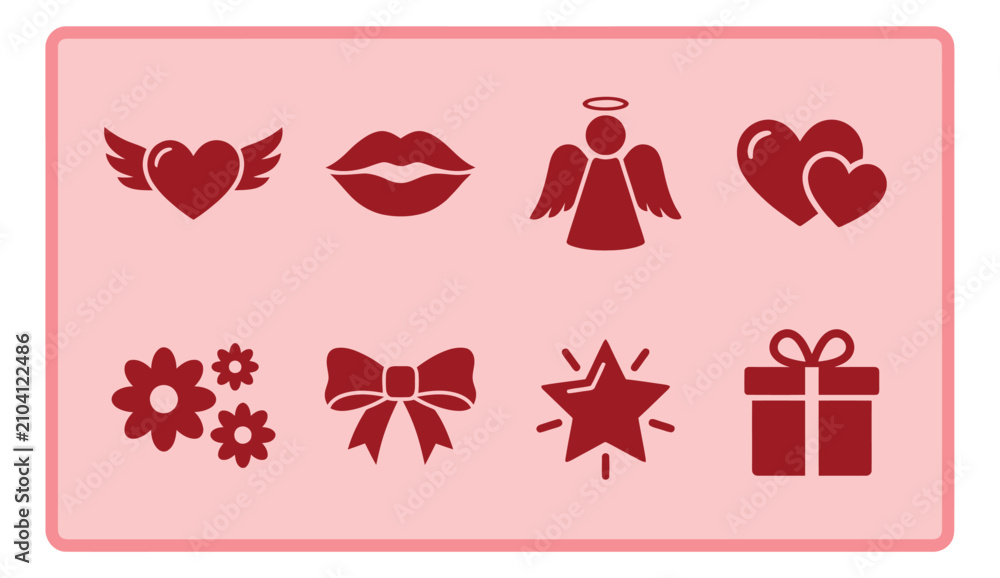 Obraz premium Flat icon set of 8 Valentine's Day symbols featuring winged heart, lips, angel, flowers, bow, star and gift for romantic design