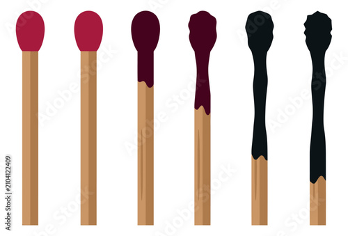 Flat icon set of 6 matches featuring burning stages from unused to fully burned for fire and safety design