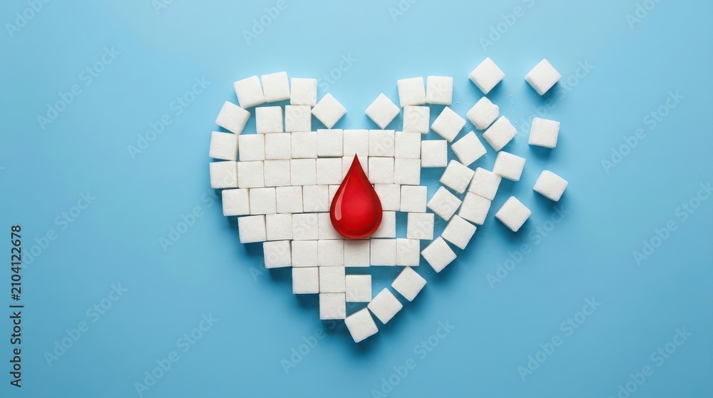 Fototapeta premium Heart shape made of sugar cubes with a red blood drop