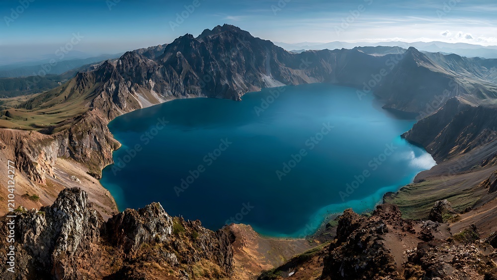 Fototapeta premium Breathtaking panoramic view of the majestic volcanic crater lake at Changbai Mountain.