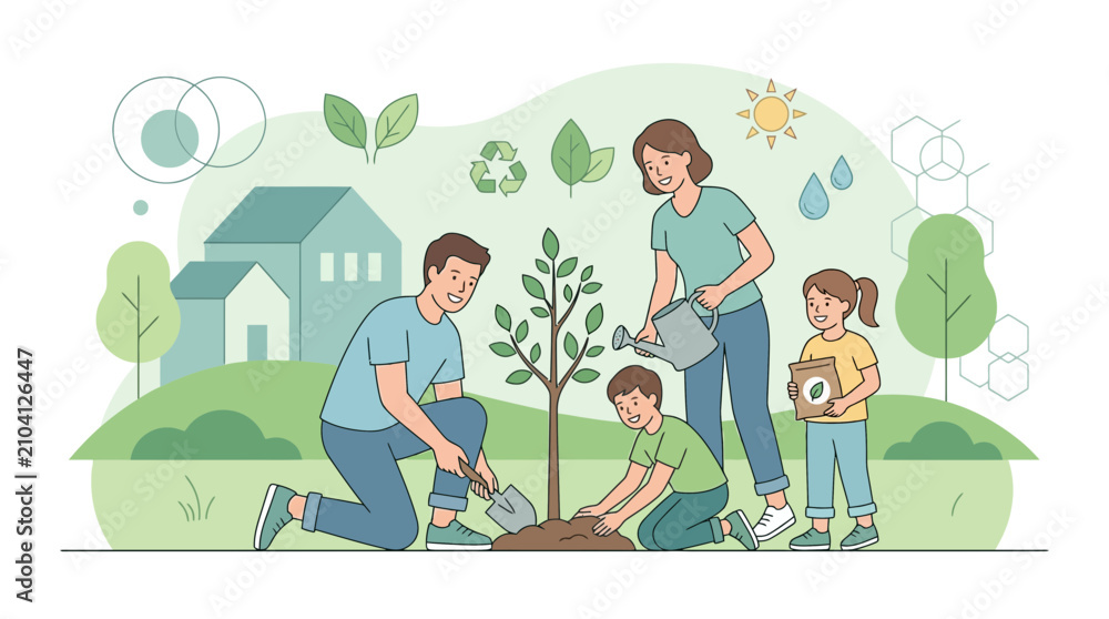 Fototapeta premium Family planting tree garden, eco-friendly lifestyle, green environment and sustainability