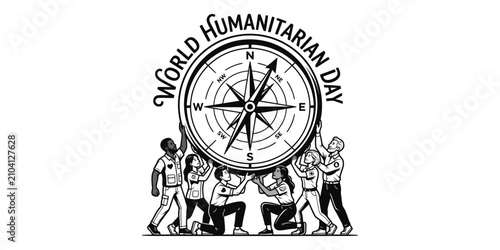 Foto World humanitarian day illustration compass and diverse team effort