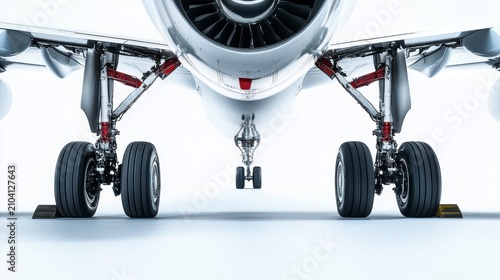 Close-up view of airplane landing gear, wheels, and engine.