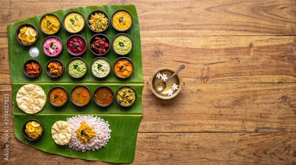 Fototapeta premium Festive Indian vegetarian sadya meal with colorful curry bowls, rice and papadam served on green banana leaf on wooden table, top view.