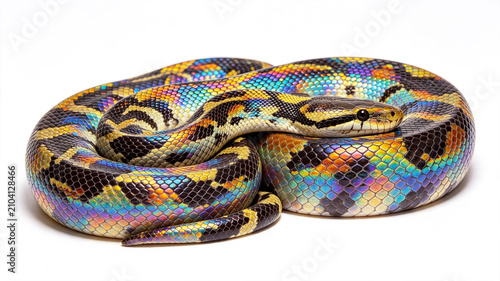 Canvas Print A full-body Rainbow Boa elegantly coiled, iridescent shimmering scales reflectin