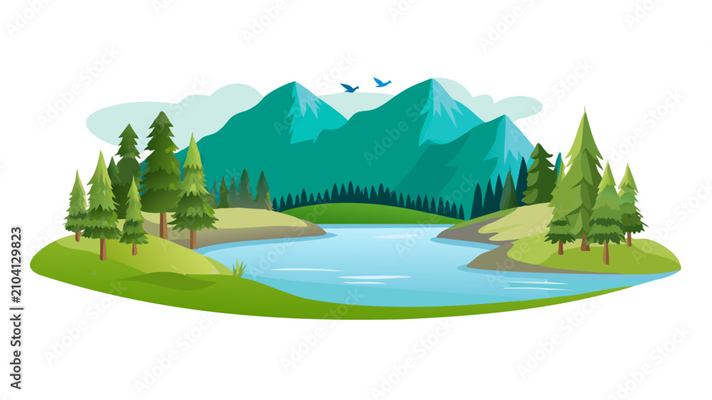 Fototapeta premium Mountain lake landscape illustration. Scenic nature view with pine trees and blue water.